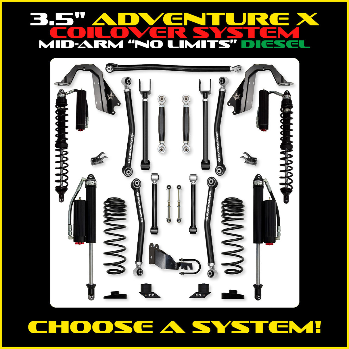 Rock Krawler 3.5" Adventure - X COILOVER "No Limits" Mid-Arm Suspension System for Jeep Wrangler JLU (Diesel Models)