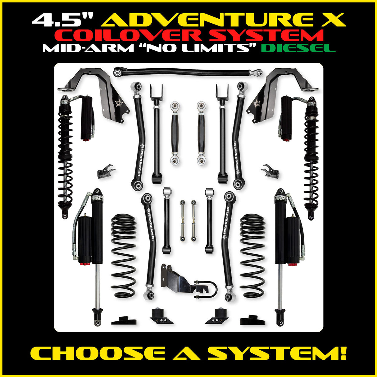 Rock Krawler 4.5" Adventure - X COILOVER "No Limits" Mid-Arm Suspension System for Jeep Wrangler JLU (Diesel Models)