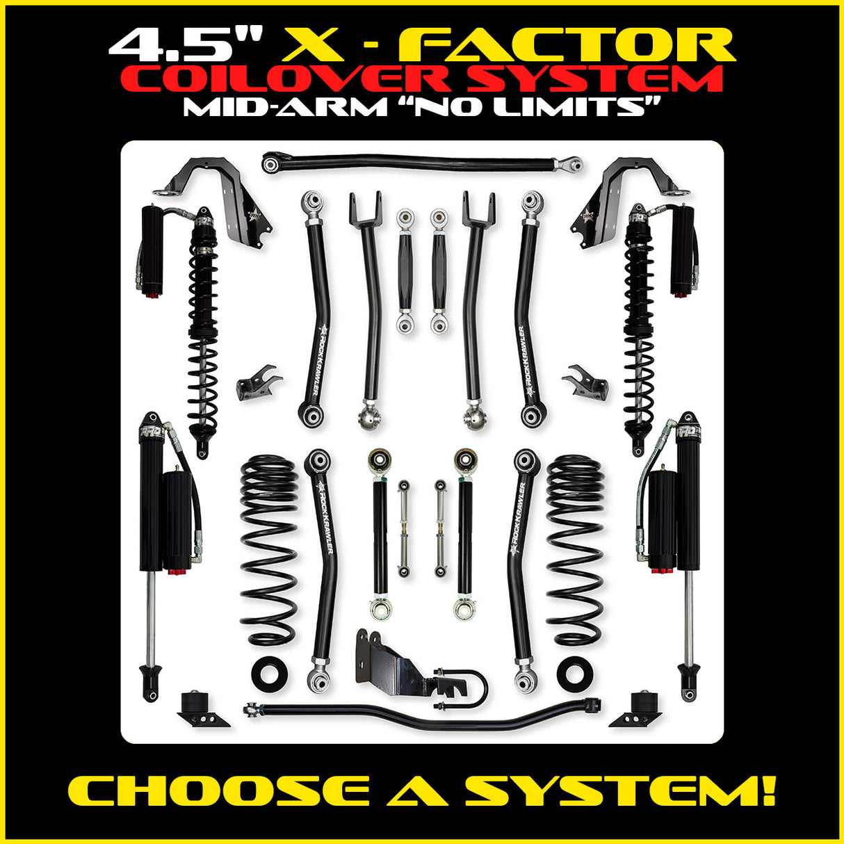 Rock Krawler 4.5" X-Factor COILOVER "No Limits" Mid-Arm Suspension System for Jeep Wrangler JLU (Gas Models)