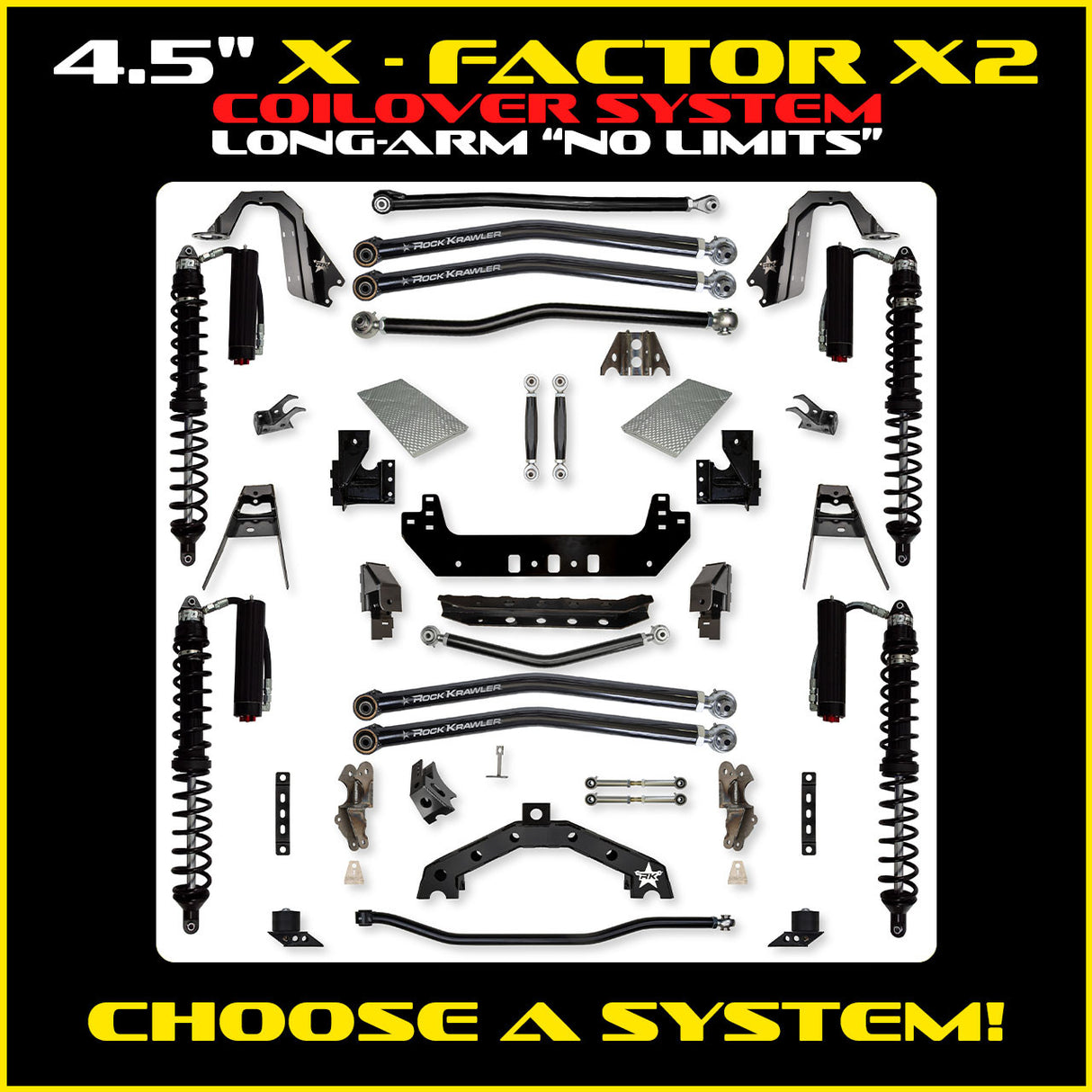 Rock Krawler 4.5" X-Factor X2 COILOVER "No Limits" Long-Arm Suspension System for Jeep Wrangler JLU (Gas Models)