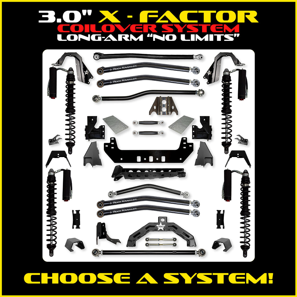 Rock Krawler 3.0" X-Factor X2 COILOVER "No Limits" Long-Arm Suspension System for Jeep Gladiator JT (Gas Models)