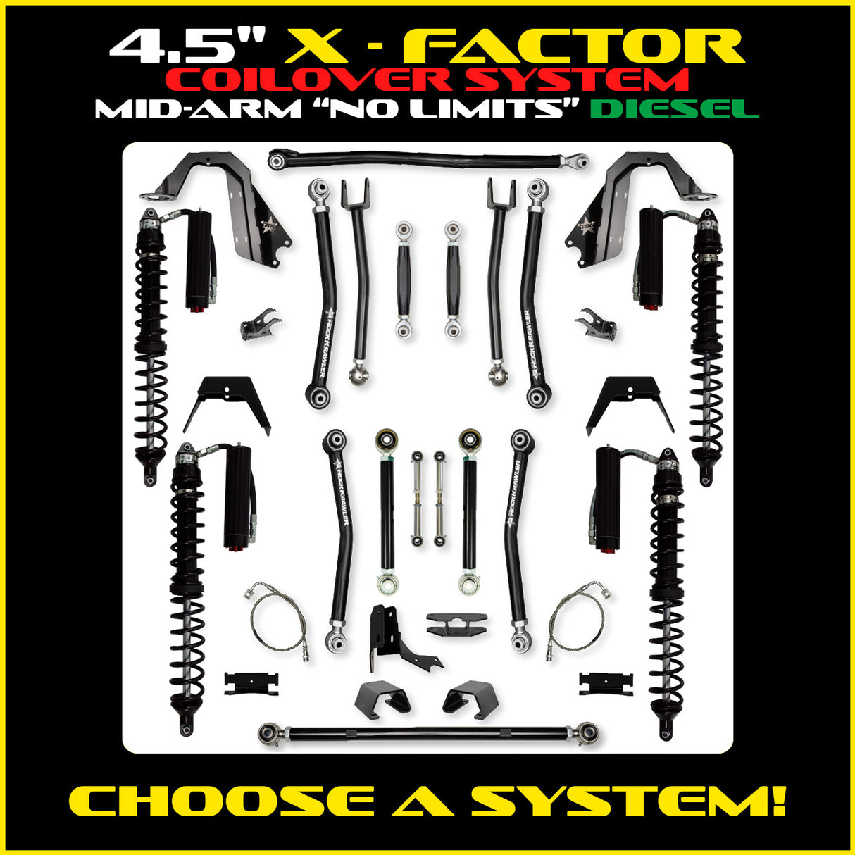 Rock Krawler 4.5" X-Factor COILOVER "No Limits" Mid-Arm Suspension System for Jeep Gladiator JT (Diesel Models)