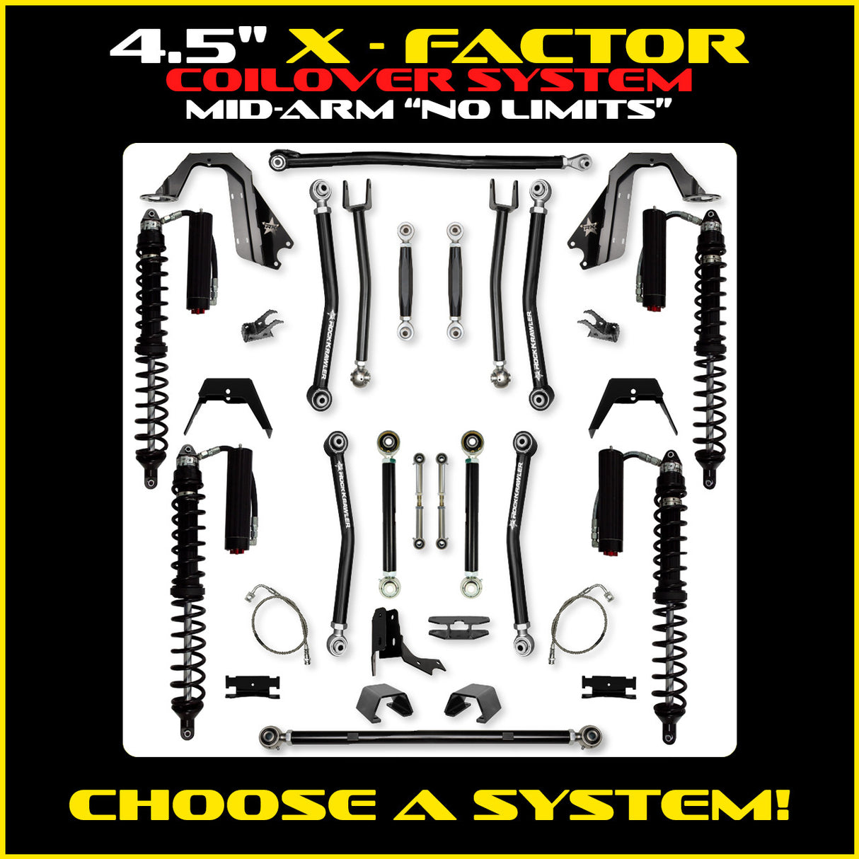 Rock Krawler 4.5" X-Factor COILOVER "No Limits" Mid-Arm Suspension System for Jeep Gladiator JT (Gas Models)