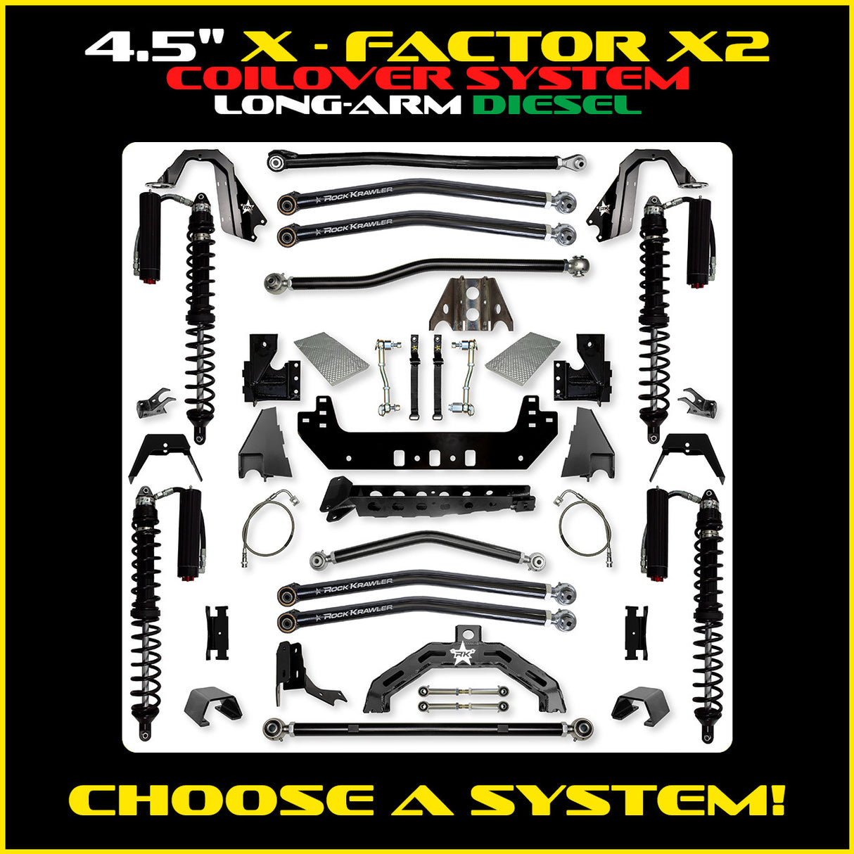 Rock Krawler 4.5" X-Factor X2 COILOVER Long-Arm Suspension System for Jeep Gladiator JT (Diesel Models)