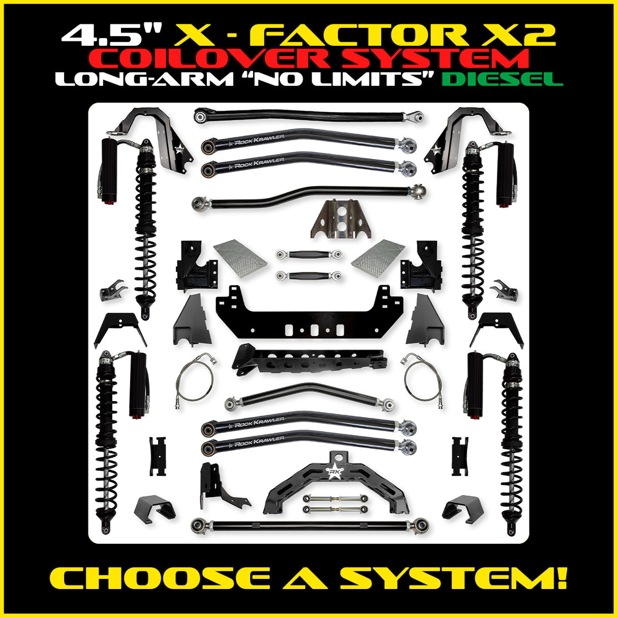 Rock Krawler 4.5" X-Factor X2 COILOVER "No Limits" Long-Arm Suspension System for Jeep Gladiator JT (Diesel Models)