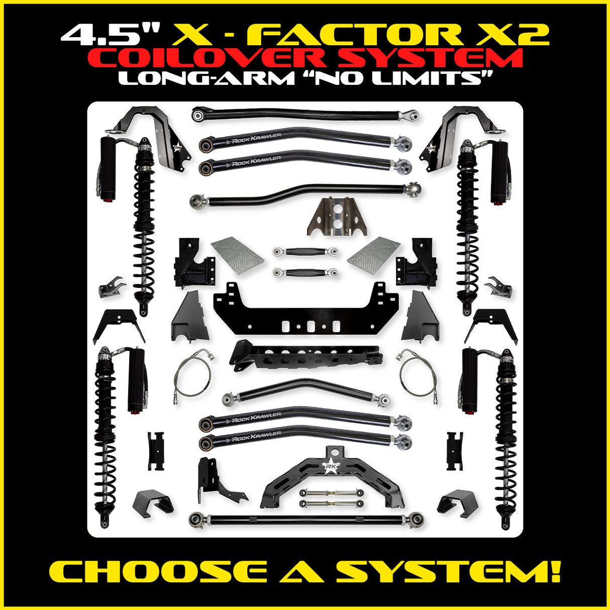 Rock Krawler 4.5" X-Factor X2 COILOVER "No Limits" Long-Arm Suspension System for Jeep Gladiator JT (Gas Models)